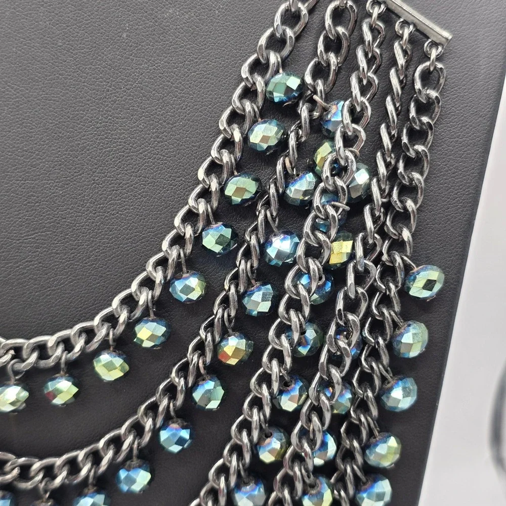 Gunmetal Multi-Strand Bib Necklace Iridescent AB Faceted Beads 5-Tier Statement